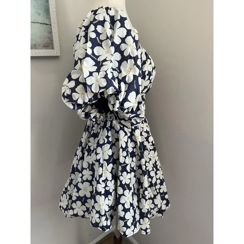 Blue Floral Off Shoulder Babydoll Mini Dress Smocked Sundress Cottage Boho - Picture 3 of 10